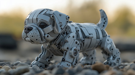 3D rendering of a robot made of metal on a stone backgroundの素材