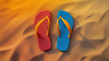 Colorful flip flops on a beach sand. Top view.の素材