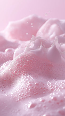 Soap foam with water drops on pink background. Shallow DOFの素材