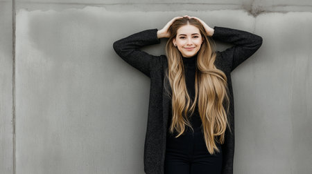 Portrait of a beautiful blonde girl in a black coat on a gray backgroundの素材