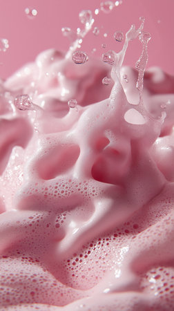 close up of pink soapy foam on a pink background with copy spaceの素材