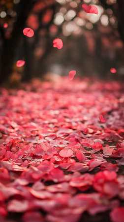 Red rose petals fall on the ground in the autumn park.の素材