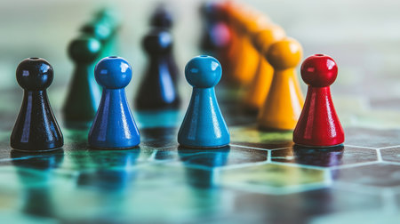 Conceptual photo of a chess game with colorful pawns.の素材