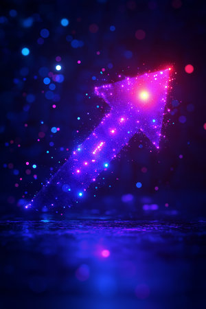 Glowing arrow on dark blue background with bokeh effect. 3D renderingの素材