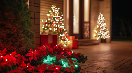 Christmas tree with lights and red poinsettia in front of the houseの素材