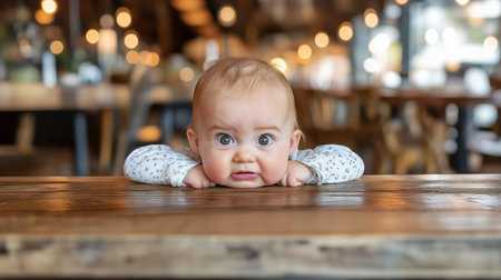 Cute little baby girl looking at camera on wooden table in cafeの素材