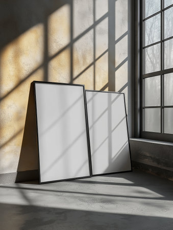 Two blank white posters standing in a room with windows. Mock up, 3D Renderingの素材