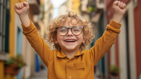 Portrait of happy little boy with curly hair and glasses in the cityの素材