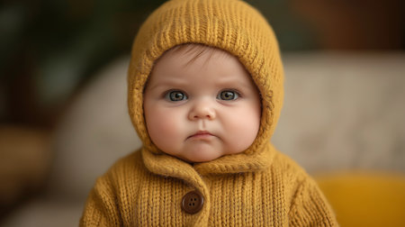 Portrait of a cute little baby in a yellow knitted hat.の素材