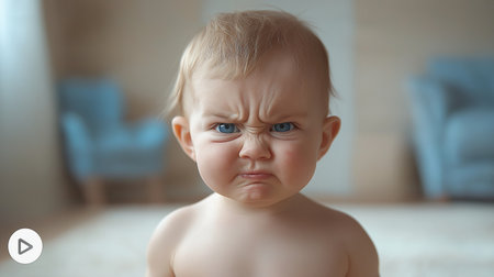 Unhappy cute baby boy with blue eyes looking at camera and frowning.の素材