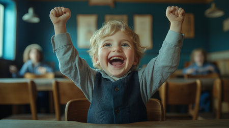 Cheerful little boy raising hands up while sitting at table in cafeの素材