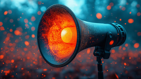 Megaphone with burning fire in the night sky. Close-up.の素材