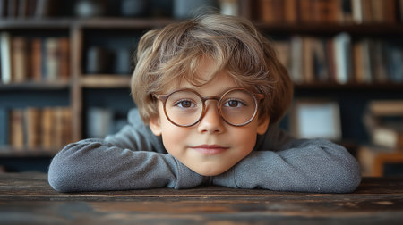 Portrait of a cute little boy in eyeglasses looking at cameraの素材