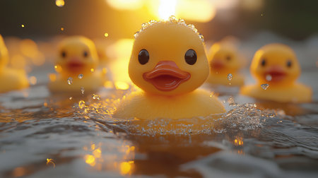 Yellow rubber duckling in water, close-up, 3d renderの素材