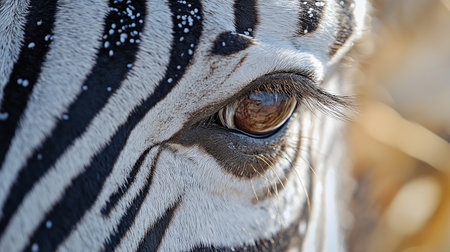 Close up of a zebra's eye with black and white stripesの素材