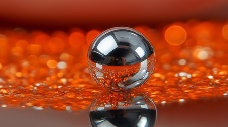 Close up of a crystal ball on orange bokeh background.の素材