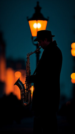 Saxophonist in front of a street lamp at night in Pragueの素材
