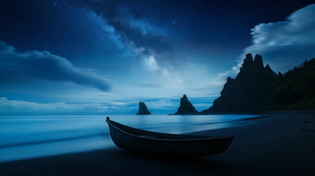 Fantastic starry night landscape with long tail boat on the beachの素材