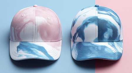 Pair of blue and white baseball caps on pastel pink and blue backgroundの素材