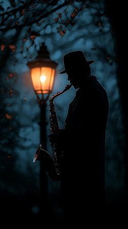 Saxophonist in a dark foggy forest with a street lampの素材