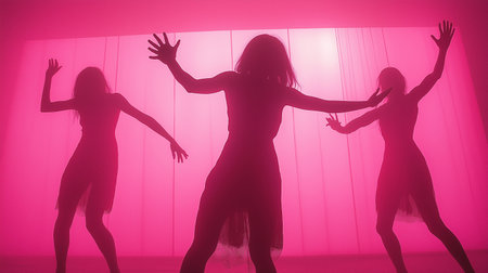 Silhouette of three women dancing in the studio with pink backgroundの素材