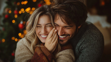Happy young couple in warm sweaters sitting on sofa near christmas tree at homeの素材