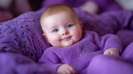 Portrait of a cute baby girl with blue eyes lying on a purple blanketの素材