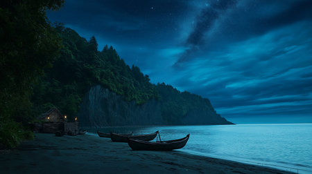 Longtail boat on the beach at night, Krabi, Thailandの素材