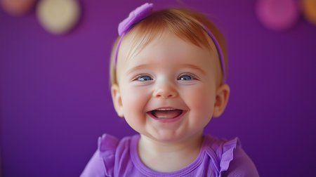 Portrait of a happy baby girl on a purple background. Close-upの素材
