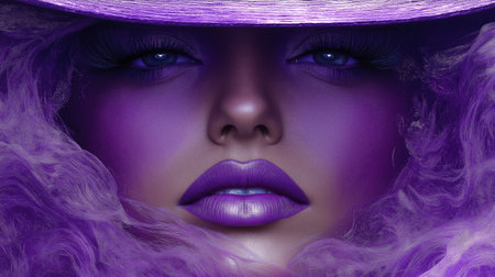 Beautiful young woman with purple smoke on her face and hat.の素材