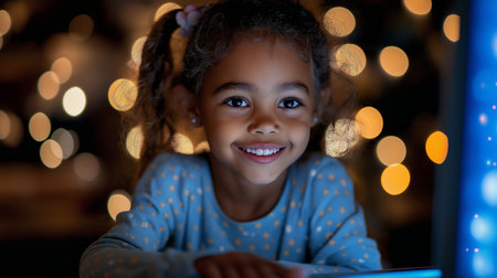 African american little girl using tablet computer at home in the eveningの素材