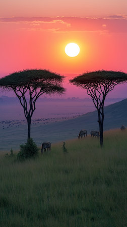 Sunset in Serengeti National Park, Tanzania, Africaの素材