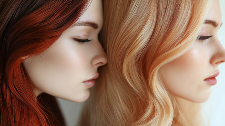 Closeup portrait of two beautiful women with long hair, studio shotの素材