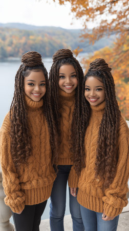 happy african american women in autumn clothing looking at camera and smilingの素材