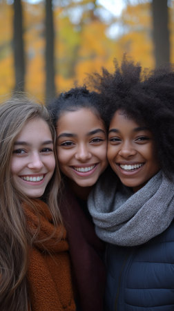 Portrait of three young girls smiling at camera in autumn park.の素材