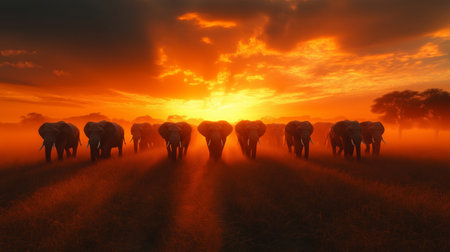 Elephants in the savanna at sunset, 3d renderの素材