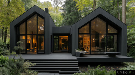 3d rendering of modern cozy chalet with pool and parking for sale or rent. Black wood house with pool and garden.の素材