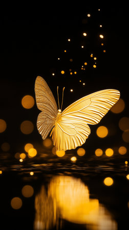 Golden butterfly on a black background with bokeh and water reflectionsの素材