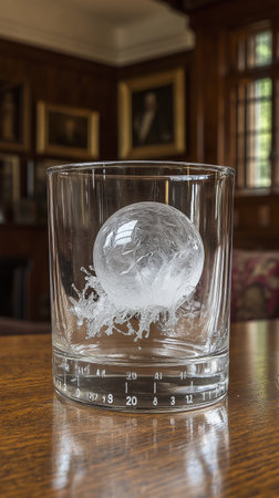 Glass of water with ice ball inside on a table in a pubの素材