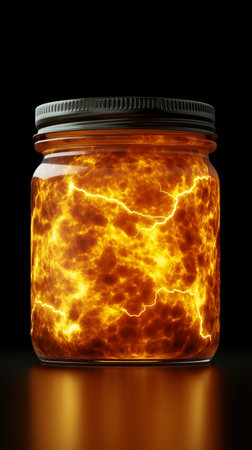 Glass jar with burning flame on black background. 3D illustration.の素材