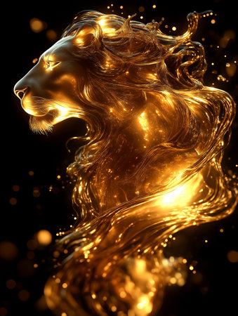 Lion head with golden lights on black background. 3D renderingの素材