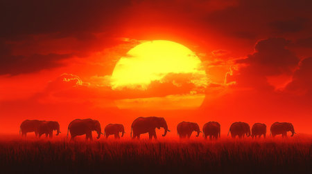 Elephants in the savannah at sunset, 3d renderの素材