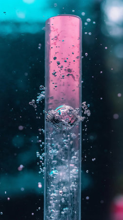 Chemical test tube with water droplets in blue and pink.の素材