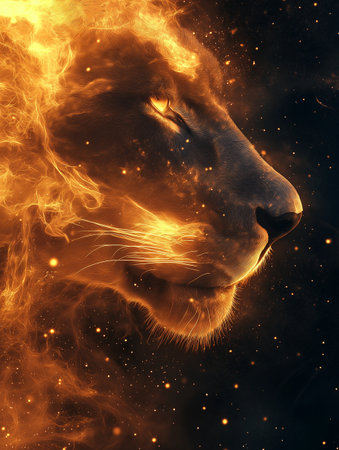 Portrait of a lion with fire and smoke in the background.の素材