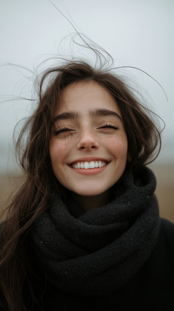 Portrait of a beautiful young brunette girl in a black coat and scarfの素材