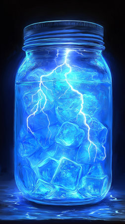 Ice in a glass jar on a dark background. 3d renderingの素材