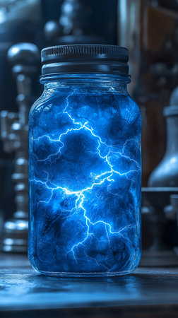 Blue electric lightning in a glass jar on a dark background close upの素材