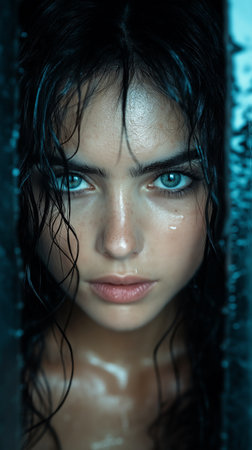 Close-up portrait of a beautiful young woman with wet hair.の素材