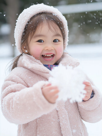 Portrait of asian little girl playing with snow in winter parkの素材