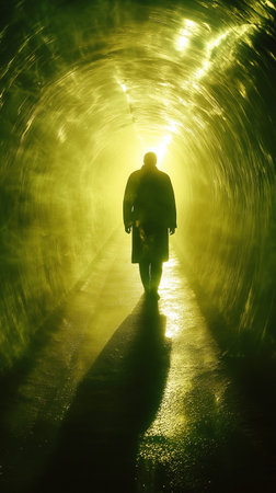 Silhouette of a man walking through a tunnel at night.の素材
